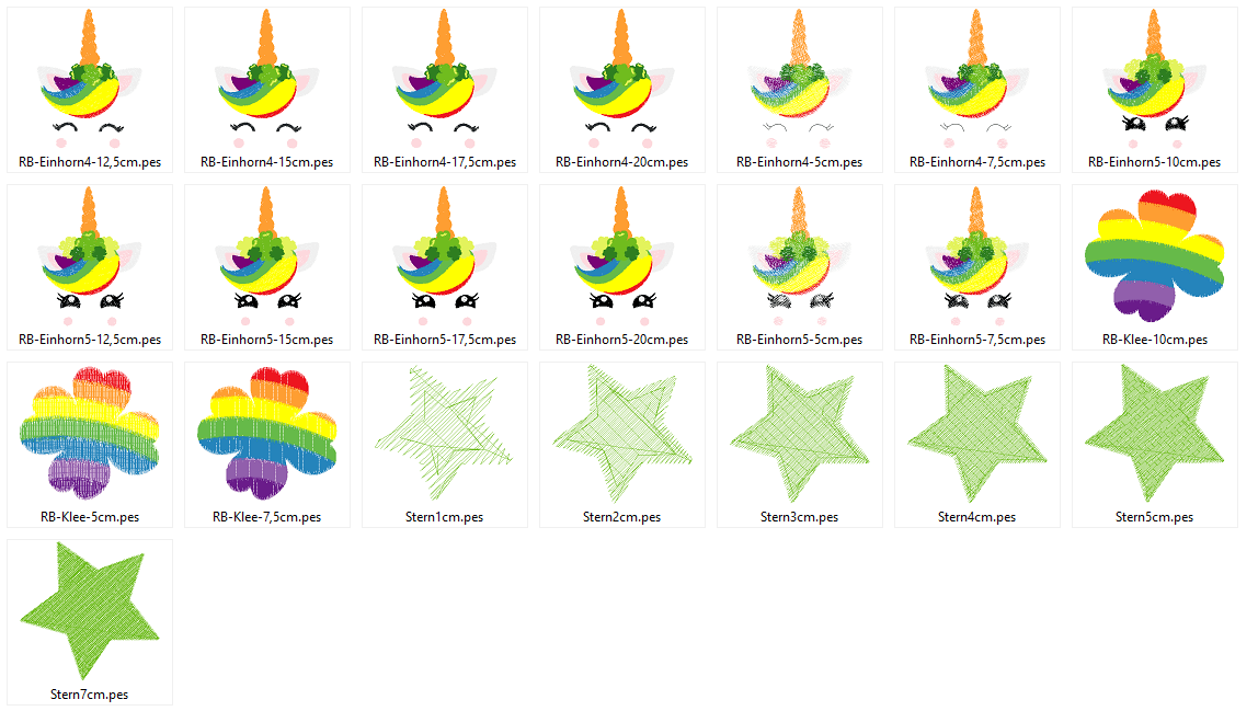 Stickdatei - Regenbogen Einhorn Gesichter Klee Glücksbringer - Sewando