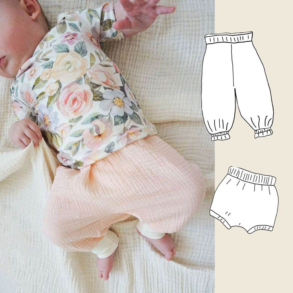 Cutie-Pants-Baby & Bloomer Hose Schnittmuster für Musselin/ Webstoffe Gr. 44-92 : - Sewando