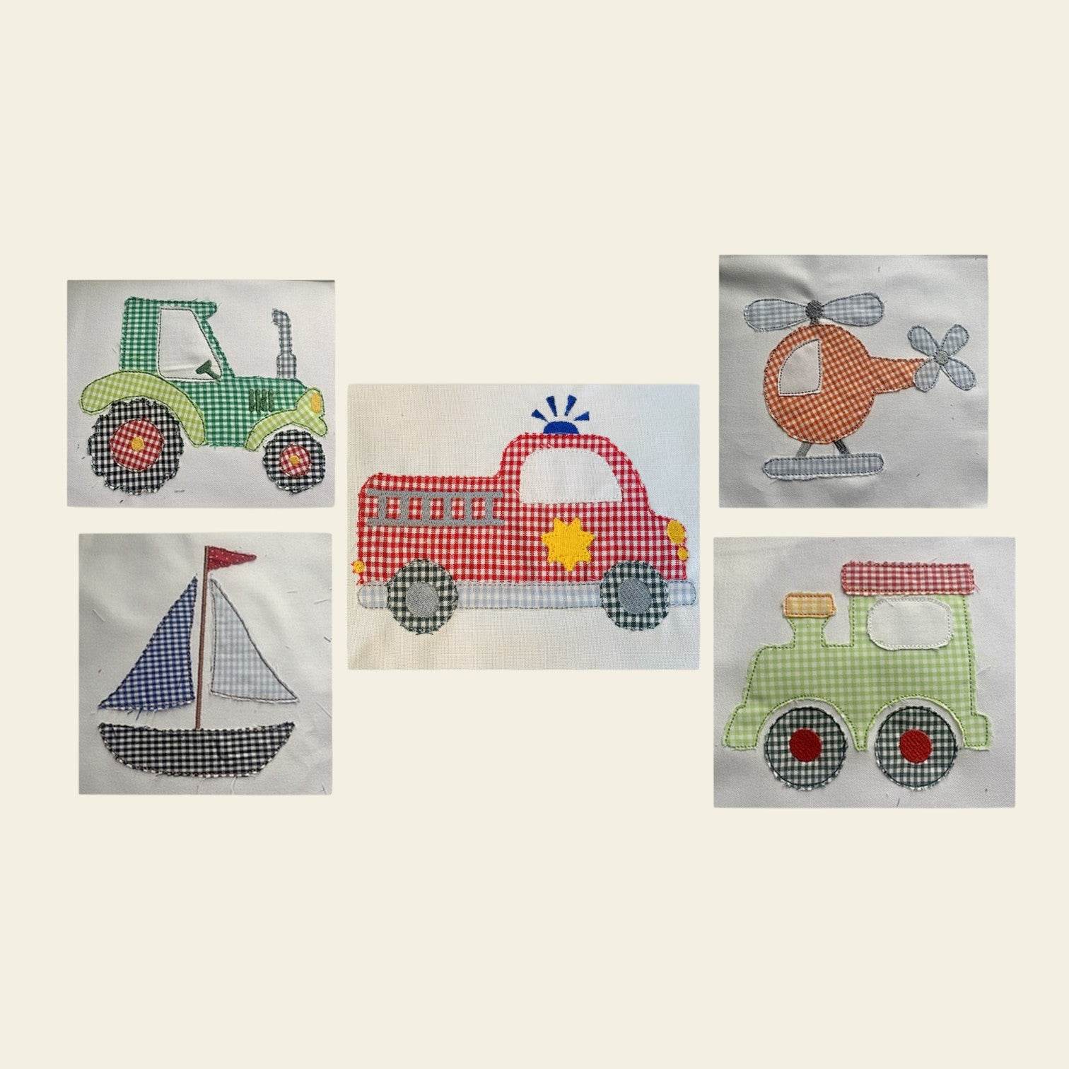 Stickdatei Doodle Applikation Traktor Eisenbahn Helikopter Segelboot Feuerwehr Set 819 Auto - Sewando