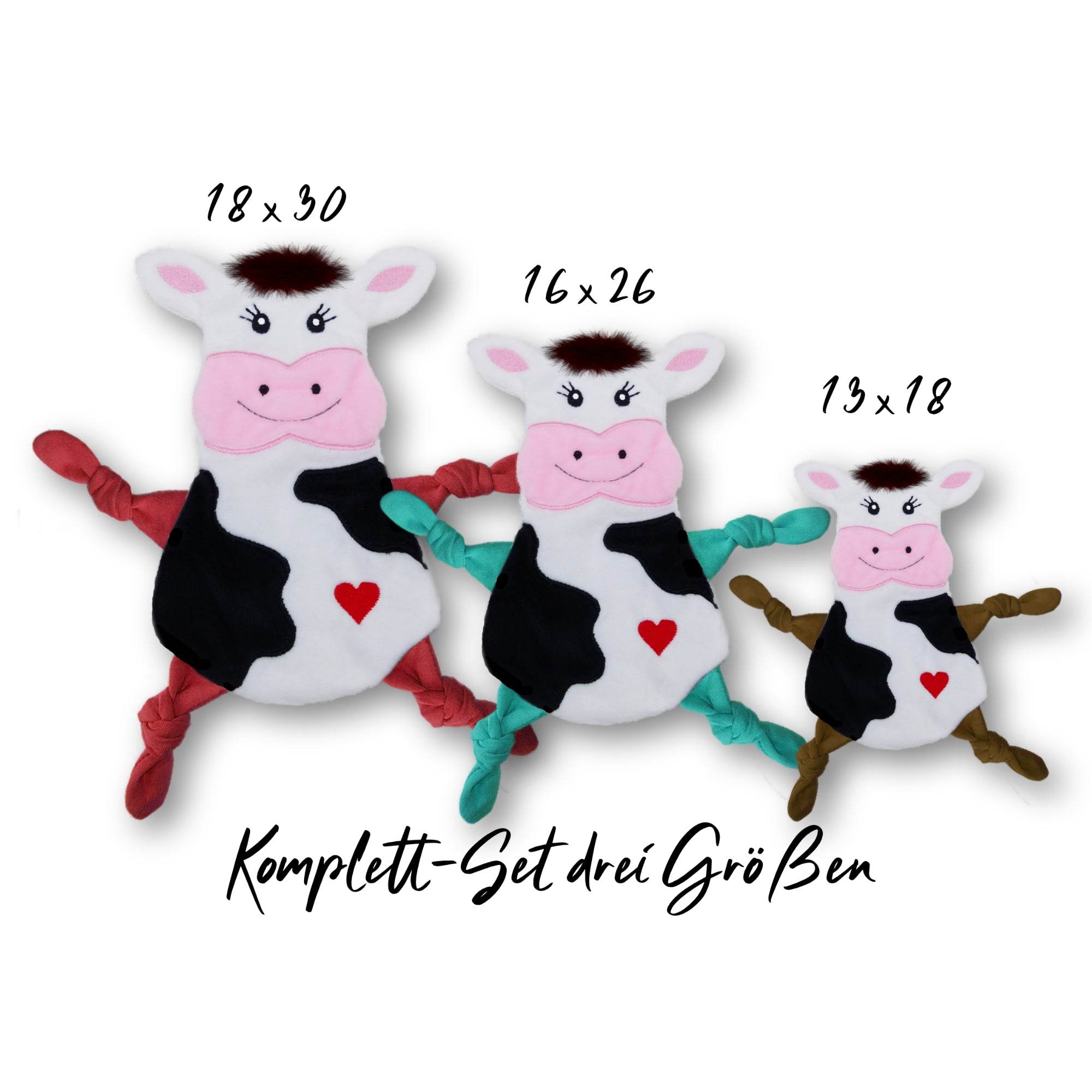 Stickdatei ITH Kuh Kuscheltuch in drei Größen, Baby Schmusetuch, Kuscheltier - Sewando