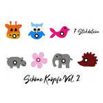 Stickdatei Schöne Knöpfe Vol. 2, sieben Motive, Knöpfe, Tiere, Eule, Giraffe, Elefant, Blume, Vogel, Nashorn - Sewando