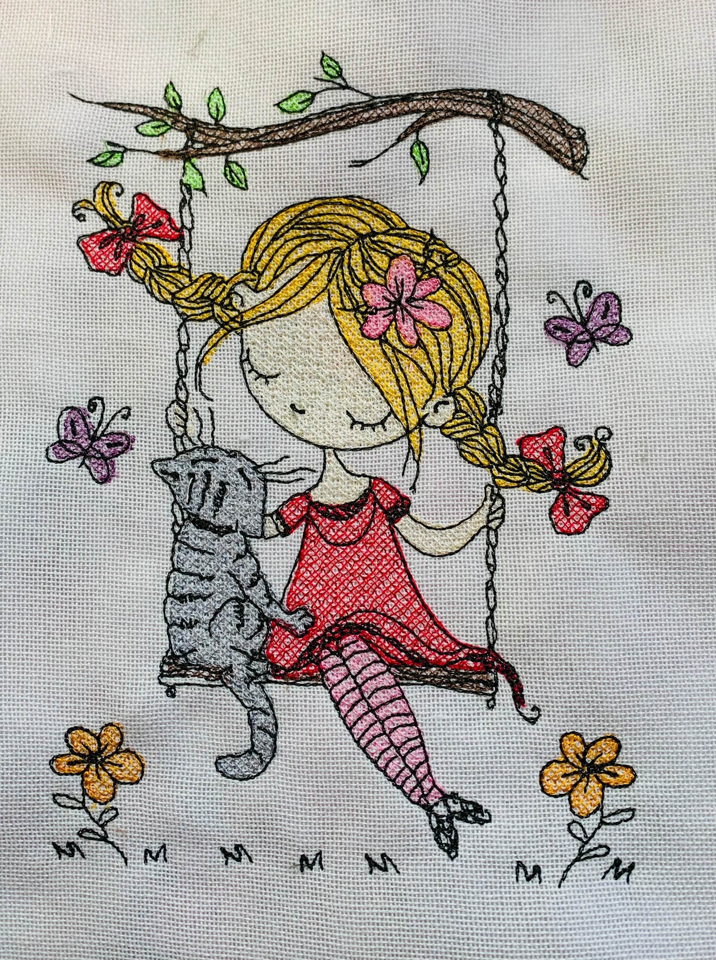 Stickdatei Schaukelmädchen mit Katze Set 984 - Sewando