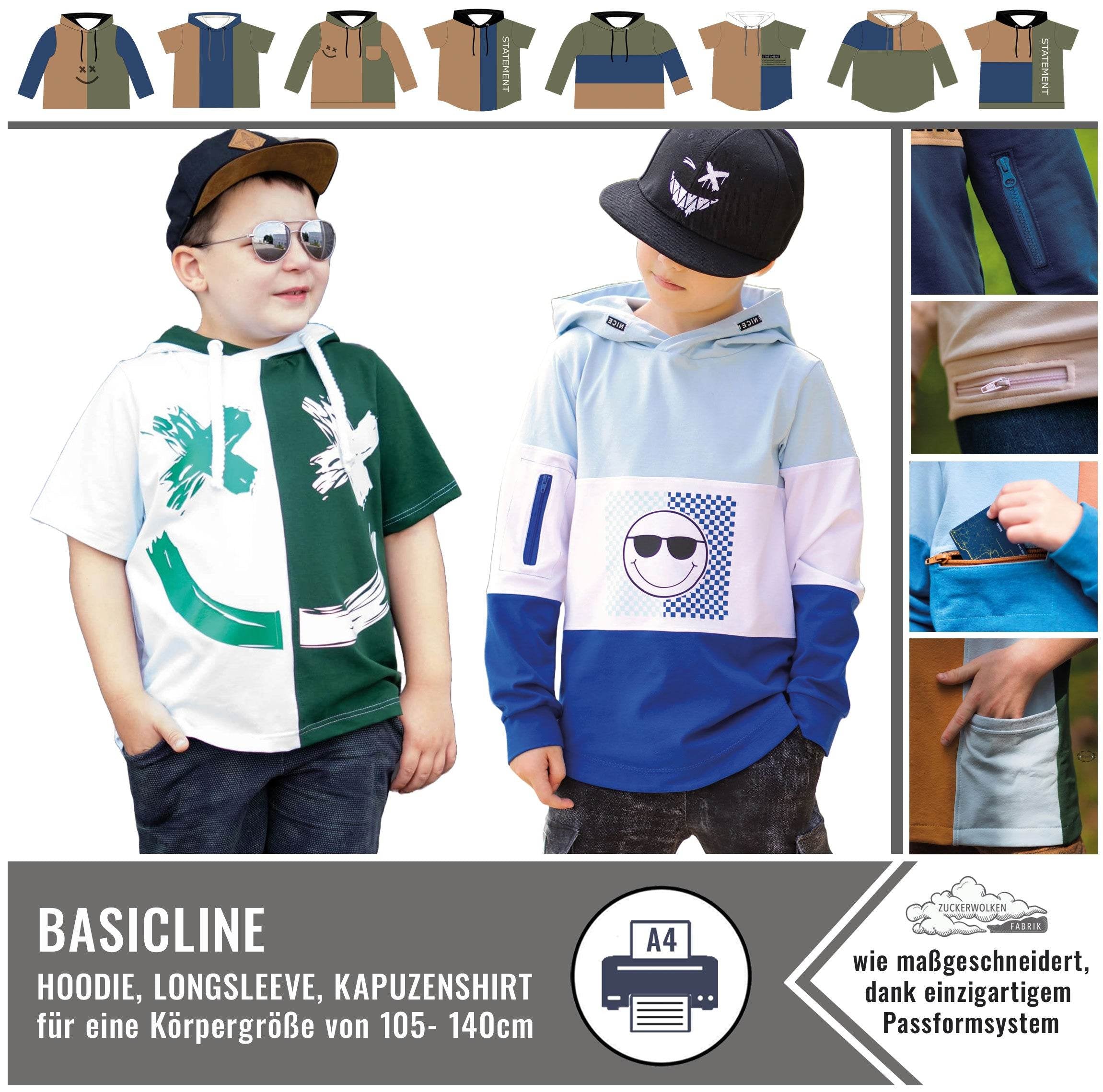 SORGLOS-SYSTEM Basicline Hoodie 105-140cm Kapuzenshirt DIN A4 BESONDERES PASSFORMSYSTEM - Sewando