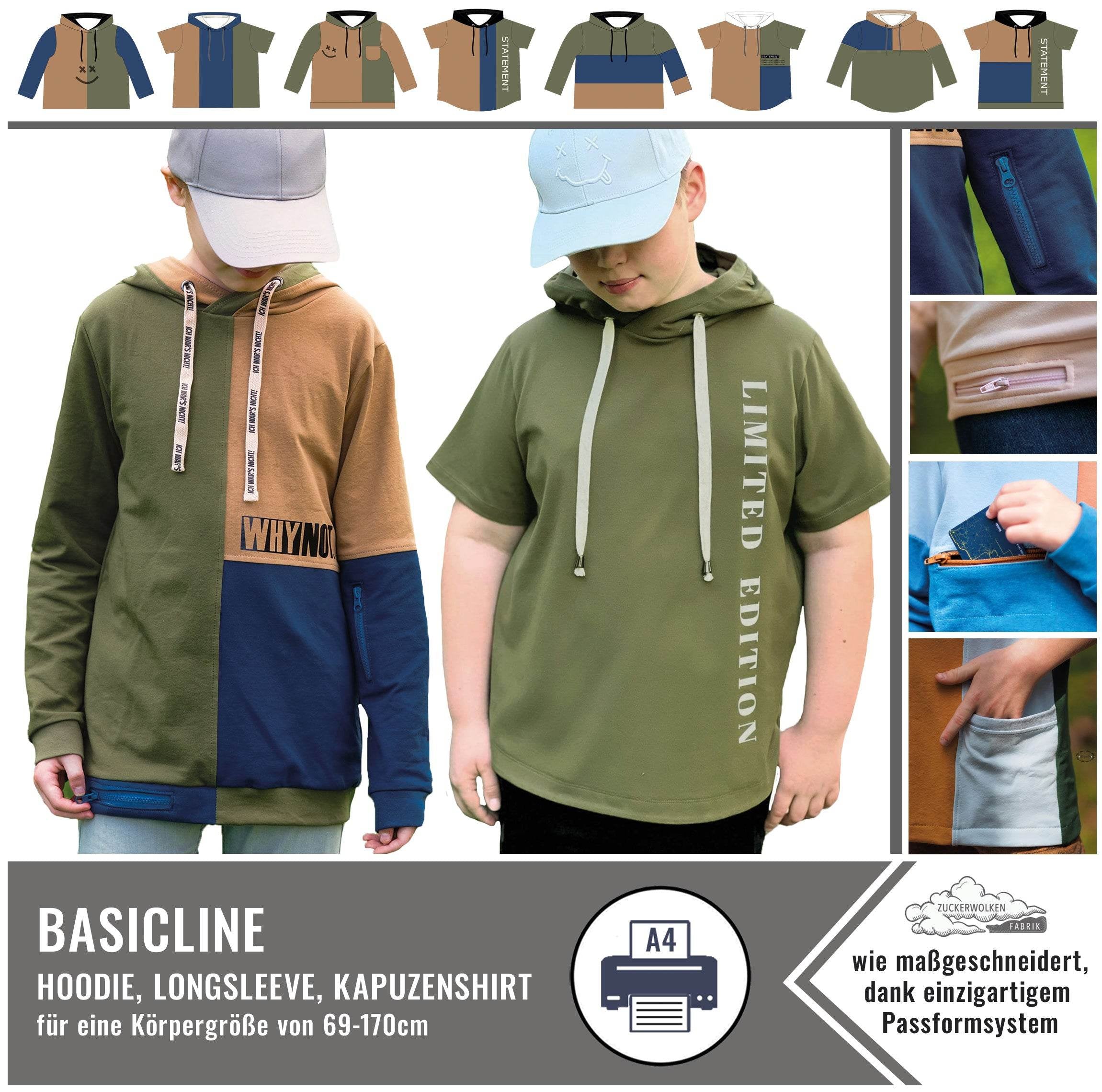 SPARPAKET (3Ebooks) Basicline Hoodie 69-170cm Kapuzenshirt DIN A4 BESONDERES PASSFORMSYSTEM - Sewando