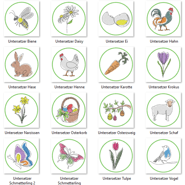Stickdatei 16 Untersetzer Ostern - Single Line - Sewando