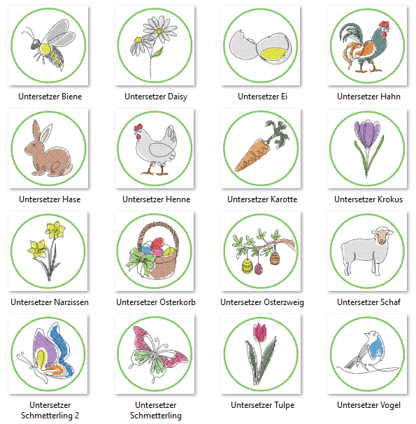 Stickdatei 16 Untersetzer Ostern - Single Line - Sewando