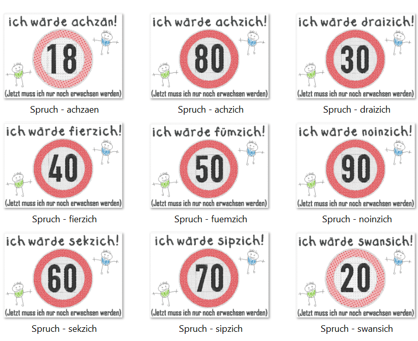 Stickdatei - Verkehrsschilder-Sprüche zum Geburtstag - Sewando