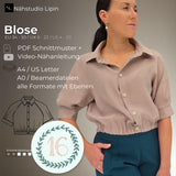 PDF Schnittmuster Bluse, Bluse mit Raglanärmel, Kragen, Knopfleiste, Schnittmuster mit Ebene, Gr. 34 -50