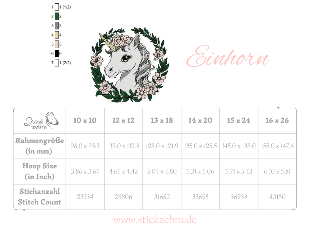 Einhorn Stickdatei – märchenhaftes Zauberwesen im Blumenkranz für deine Stickmaschine - Sewando