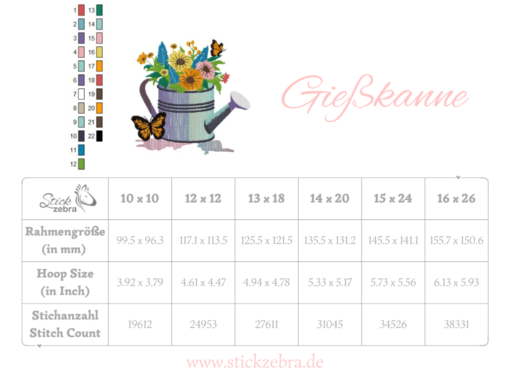 Gießkanne mit Blumen und Schmetterling Stickdatei – detailreiches Gartenmotiv für deine Stickmaschine - Sewando