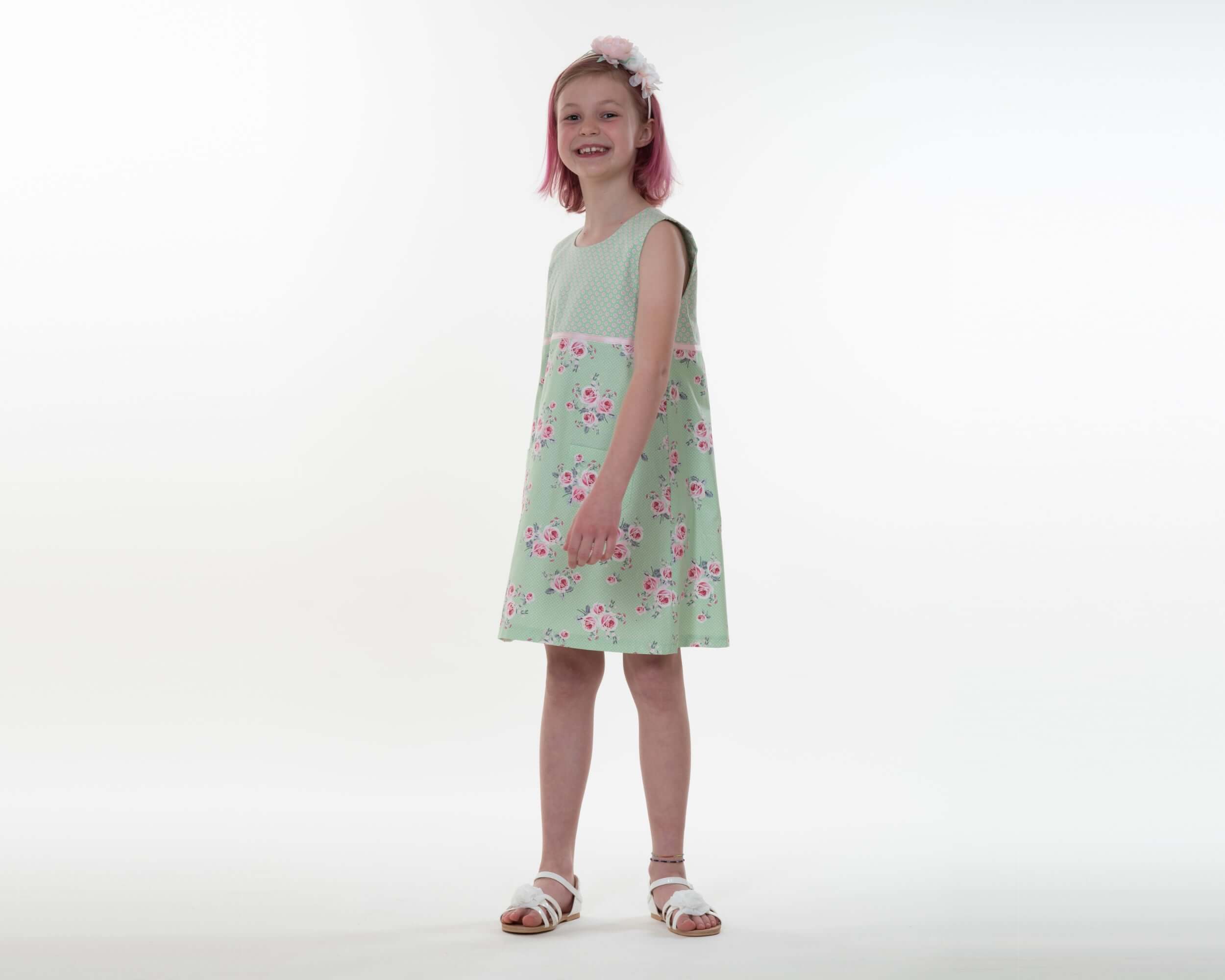 Digital Sewing Pattern Girls Summer Dress Download PDF Instructions Kids Pinafore Design Easy Project Guide Sleeveless Style Cotton Dress Youth Fashion Blueprint Simple Construction Steps Pocket Detail Ribbon Accent Beginner Friendly