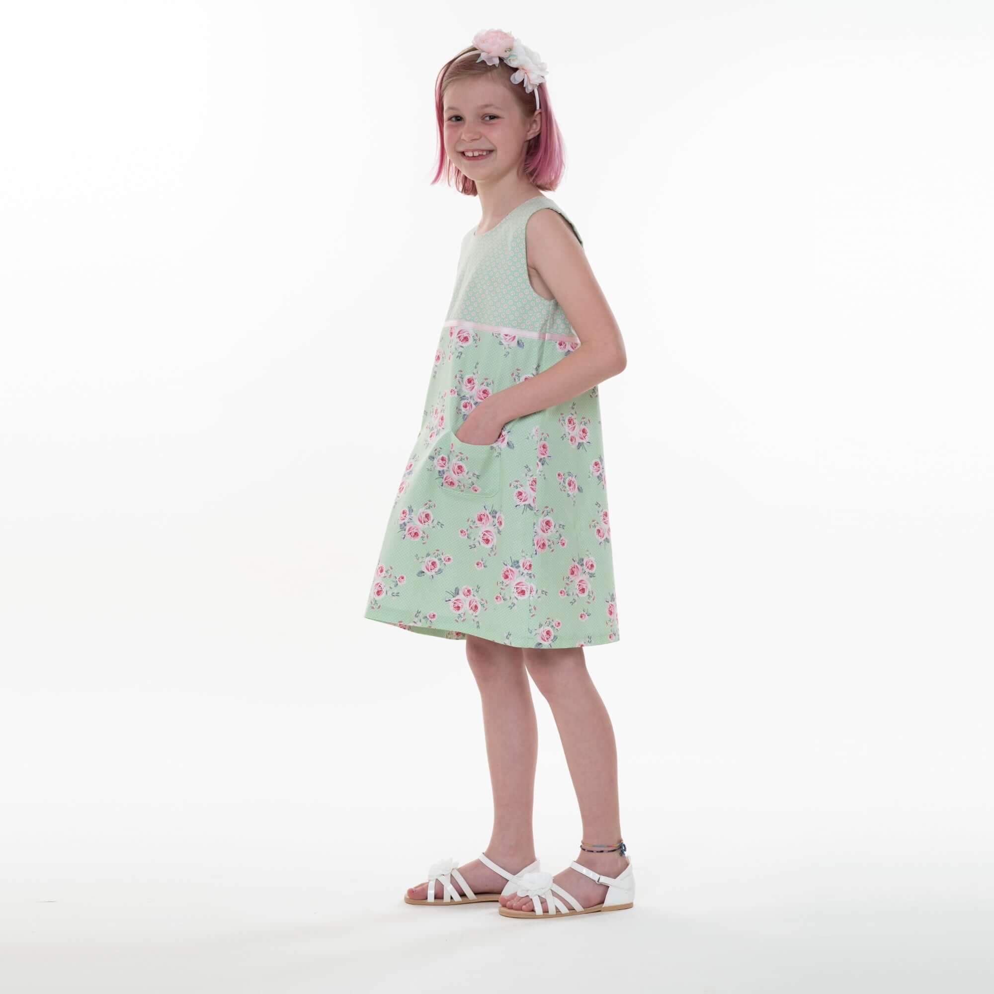 Digital Sewing Pattern Girls Summer Dress Download PDF Instructions Kids Pinafore Design Easy Project Guide Sleeveless Style Cotton Dress Youth Fashion Blueprint Simple Construction Steps Pocket Detail Ribbon Accent Beginner Friendly