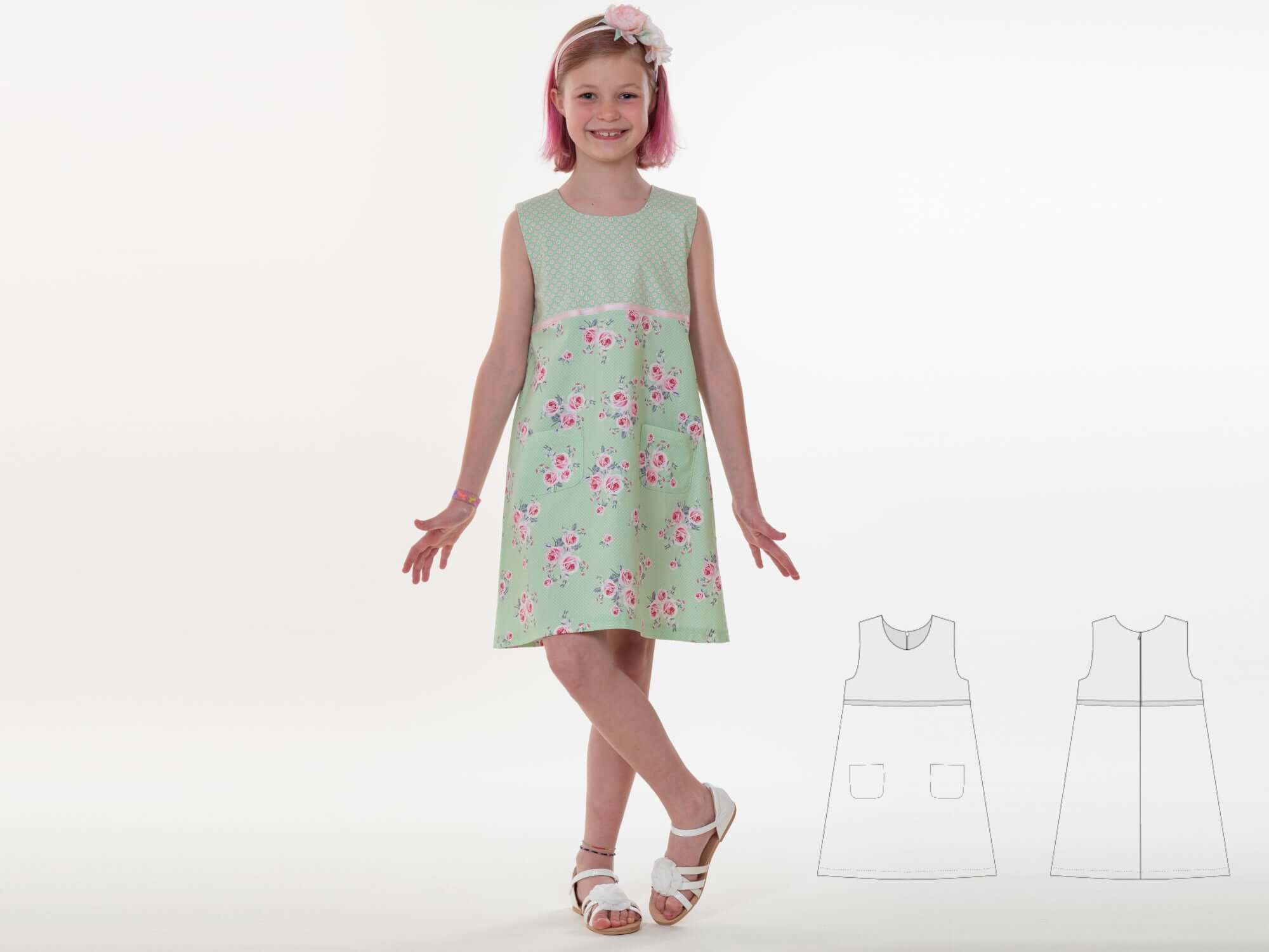 Girls Sleeveless Dress Pattern Summer Pinafore Design Easy Sewing Project Kids Clothing Pattern PDF Download Digital Blueprint Cotton Dress Instructions Pocket Detail Ribbon Accent Casual Style Youth Fashion Simple Construction Guide