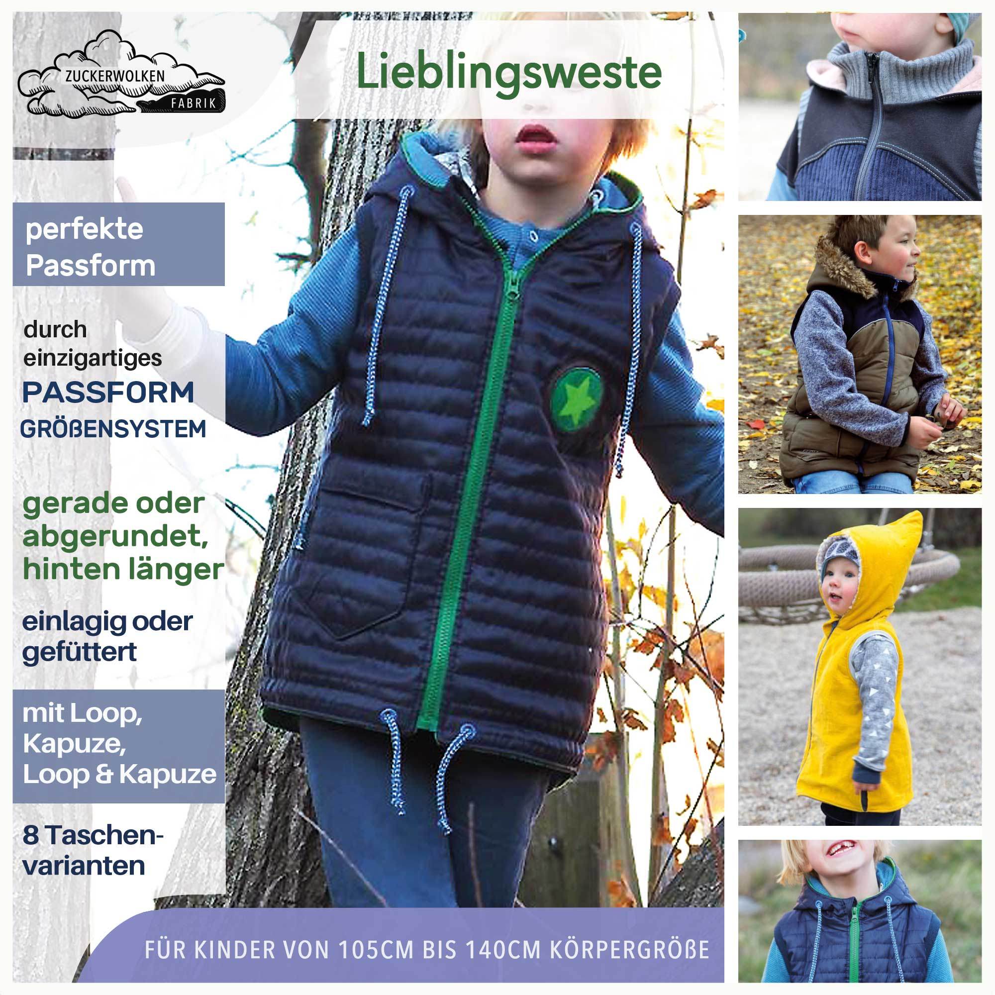 Big Lieblingsweste mit Kapuze und Loop, abnehmbarer Kapuze für 105cm-140cm Körpergröße - Sewando
