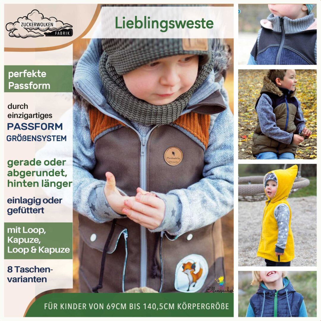 Lieblingsweste mit Kapuze, Loop, abnehmbarer Kapuze - C: Familien-Sparpaket für 69cm-140cm Körpergröße - Sewando