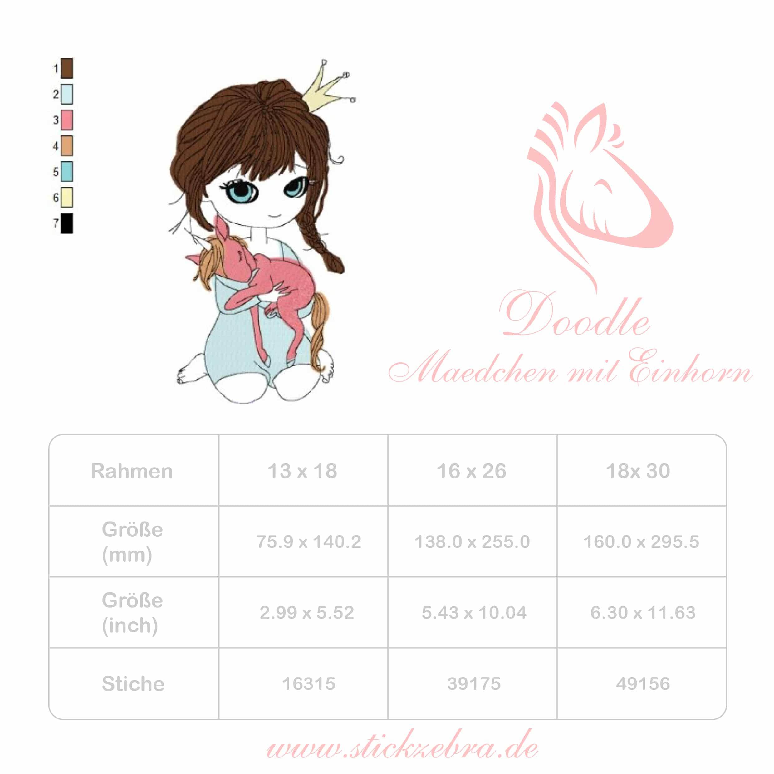 Doodle Mädchen mit Einhorn Stickdatei – magische Kuschelzeit für deine Stickmaschine - Sewando