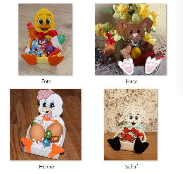 Stickdatei 4 Naschboxen Ostern (Henne, Ente, Schaf und Hase) - Sewando