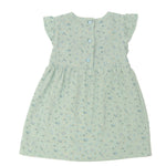 Schnittmuster Mädchenkleid ELLA – Retro Kleid mit Volants in sanftem Grün mit floralen Mustern und Knopfleiste.