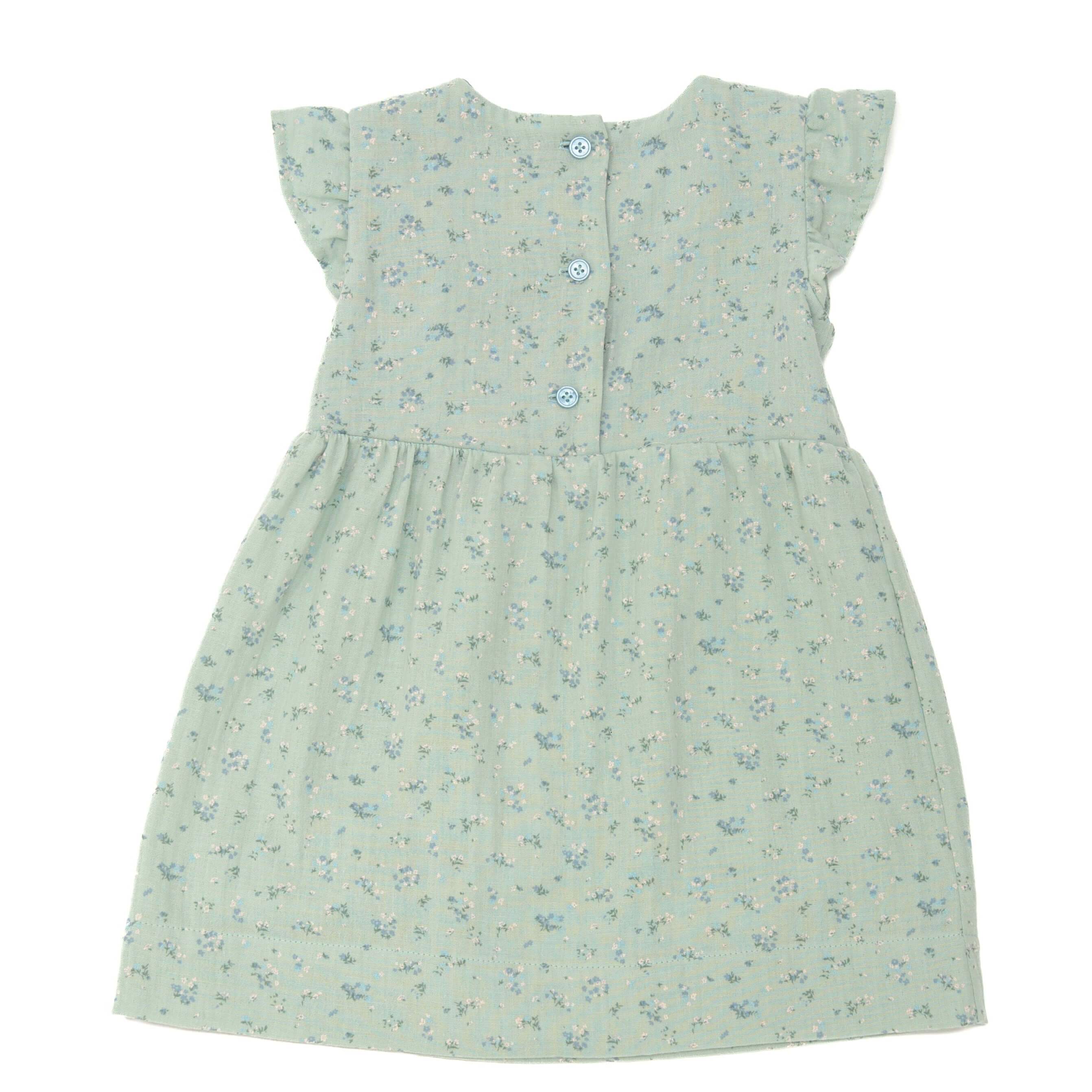 Schnittmuster Retro Kleid für Mädchen ELLA mit langen Ärmeln, florales Muster und Knöpfen auf der Rückseite.