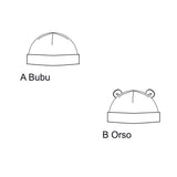 Schnittmuster Set Baby Strampler und Mütze: A Bubu und B Orso Mützen-Designs für Babys im digitalen PDF-Format.