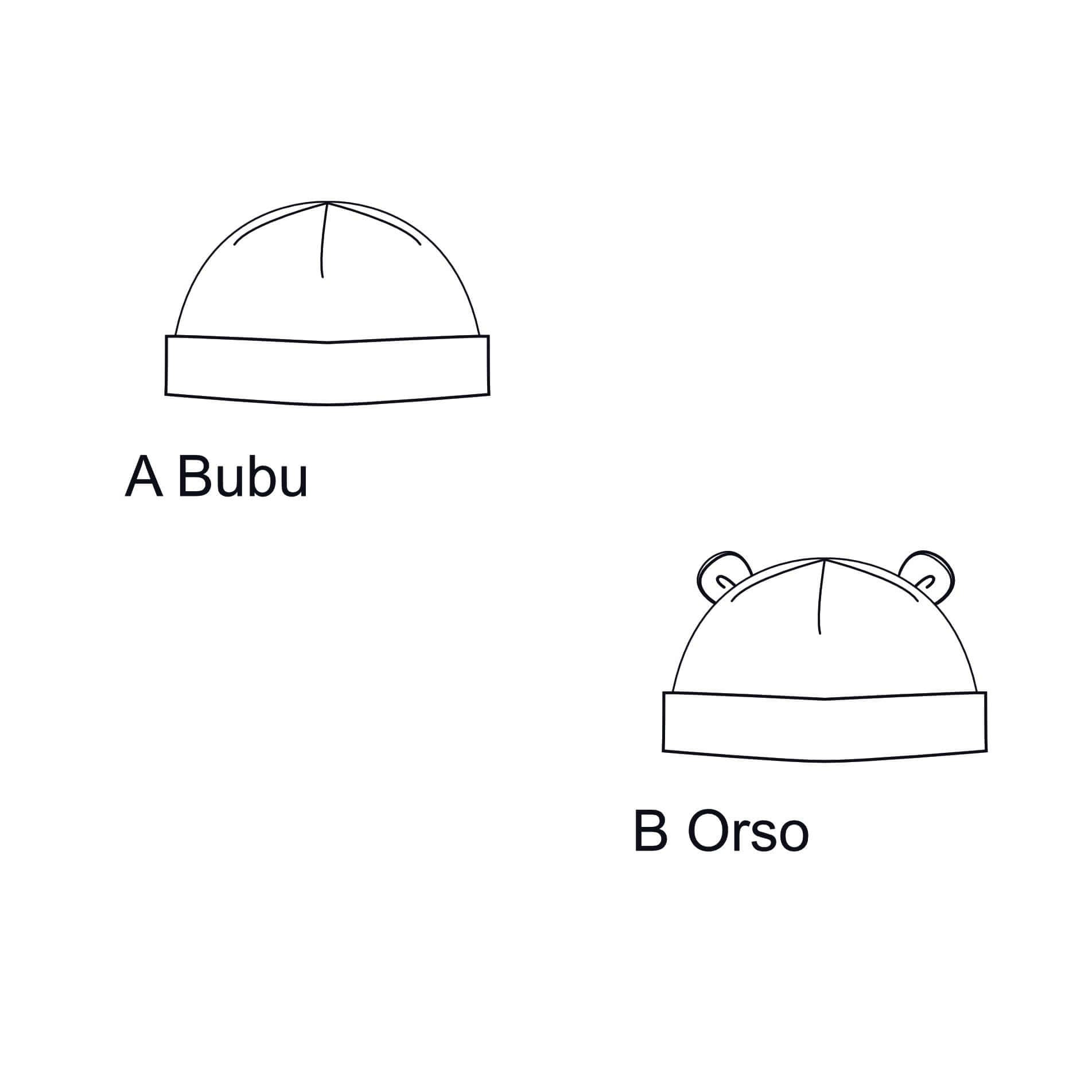 Schnittmuster Set Baby Strampler und Mütze: A Bubu und B Orso Mützen-Designs für Babys im digitalen PDF-Format.