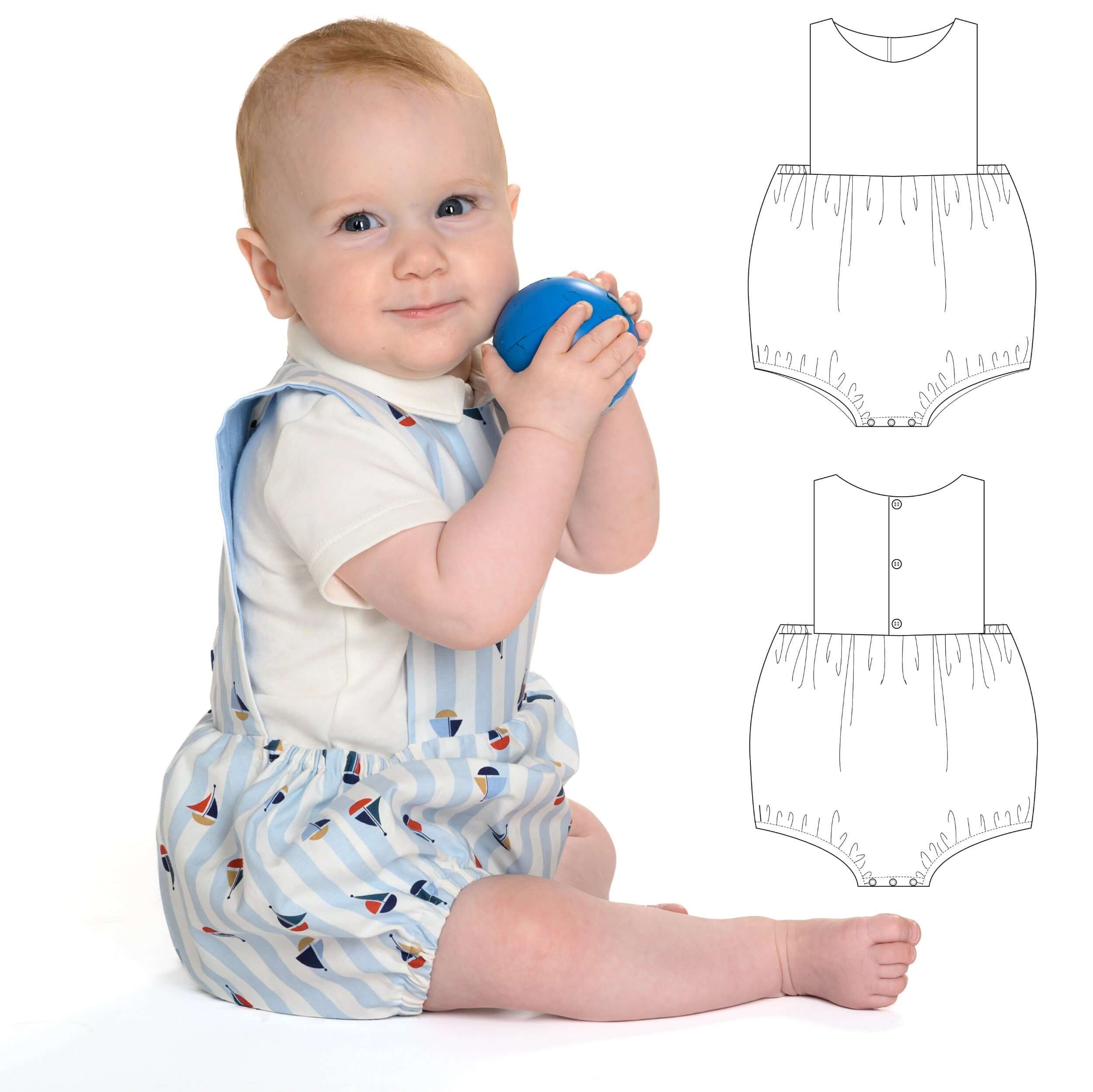 Schnittmuster Baby Bloomer Marco /Kurzoverall  PDF | Sommer-Strampler | Größe 50–92 | Baby in einem gestreiften Overall mit Spielzeug.
