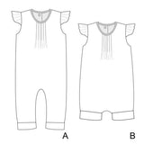 Schnittmuster Baby Overall MIA – Baby und Kleinkind Sommer-Jumpsuit mit Volant-Ärmeln und Falten.