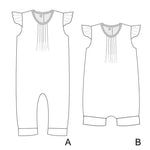 Schnittmuster Baby Overall MIA – Baby und Kleinkind Sommer-Jumpsuit mit Volant-Ärmeln und Falten.