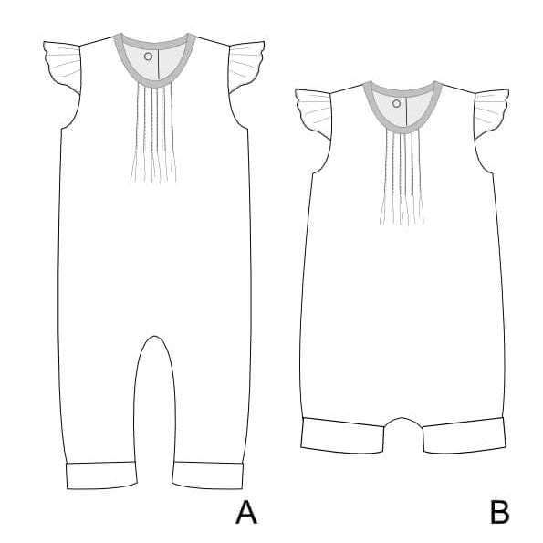 Schnittmuster Baby Overall MIA – Baby und Kleinkind Sommer-Jumpsuit mit Volant-Ärmeln und Falten.