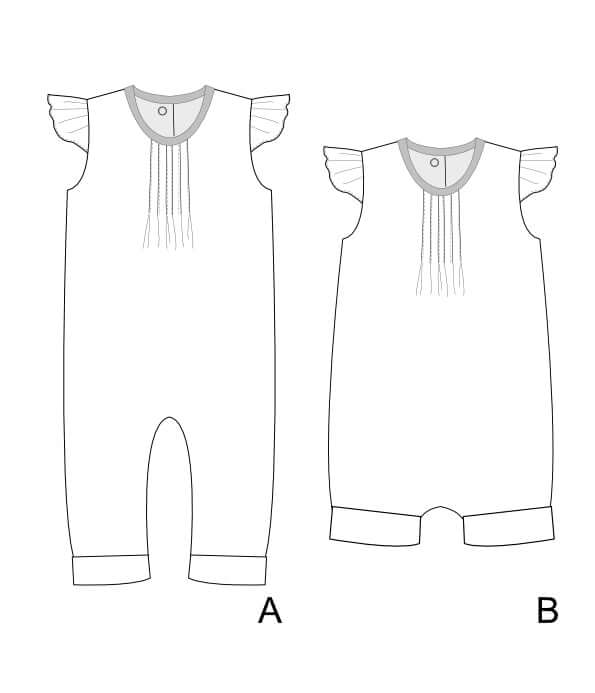 Schnittmuster Baby Overall MIA – Baby und Kleinkind Sommer-Jumpsuit mit Volant-Ärmeln und Falten.