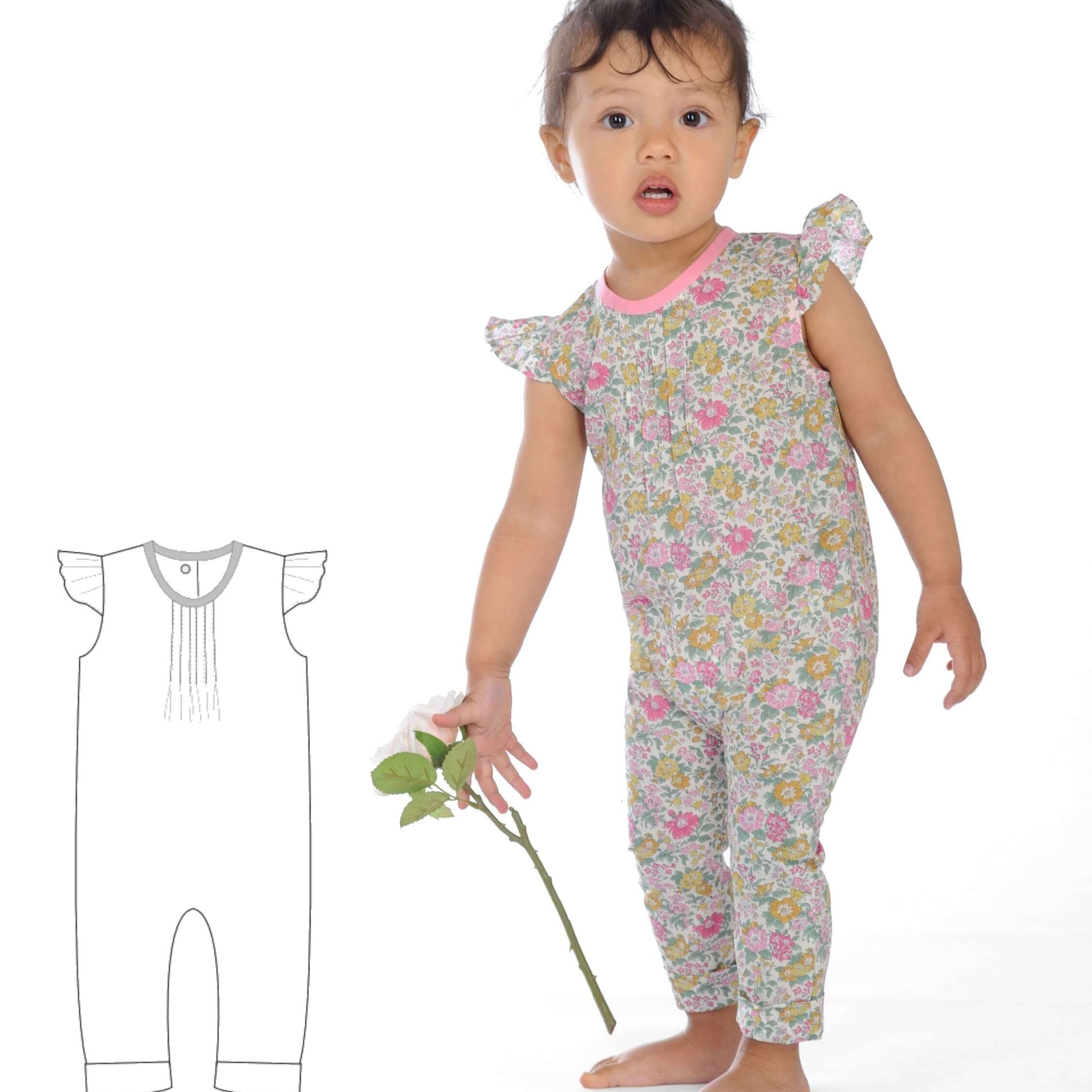 Schnittmuster Baby Overall MIA – Baby-Kleinkind Jumpsuit mit floralem Design und Volant-Ärmeln.