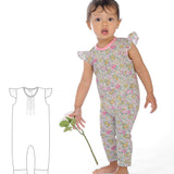 Schnittmuster Baby Overall MIA – Baby-Kleinkind Jumpsuit mit floralem Design und Volant-Ärmeln.