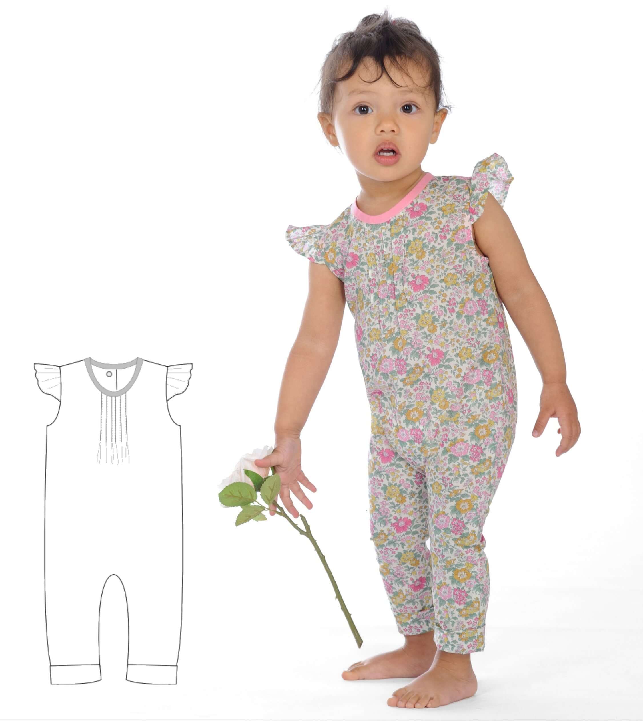 Schnittmuster Baby Overall MIA – Baby-Kleinkind Jumpsuit mit floralem Design und Volant-Ärmeln.
