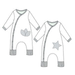 Schnittmuster Strampler LISA PDF Design für Baby-Strampler mit Blumen- und Stern-Applikationen.