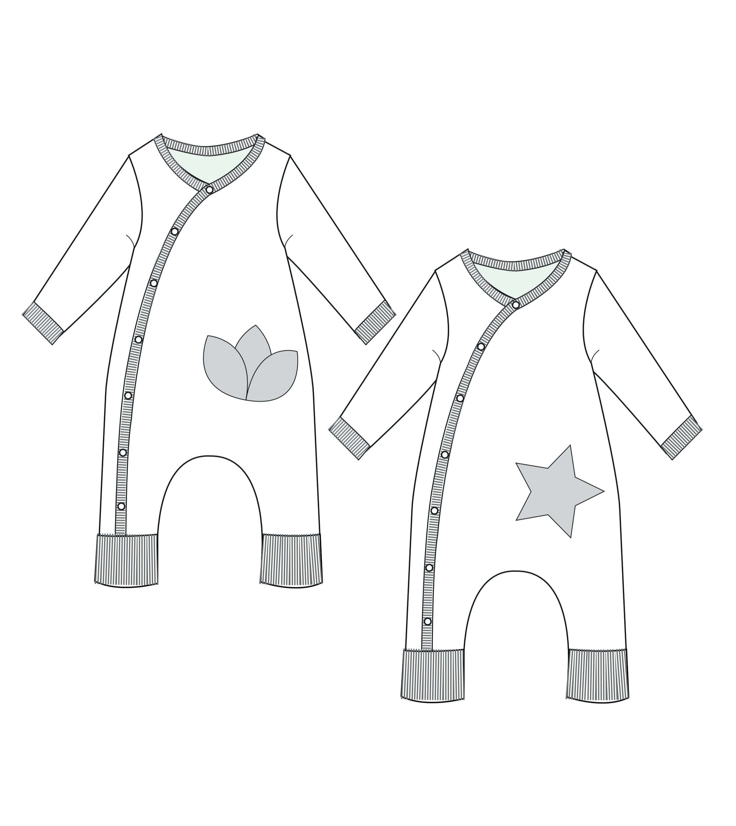 Schnittmuster Strampler LISA PDF Design für Baby-Strampler mit Blumen- und Stern-Applikationen.