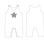 Schnittmuster Set Baby Strampler und Mütze: Babystrampler mit Stern-Design, Vorder- und Rückansicht.