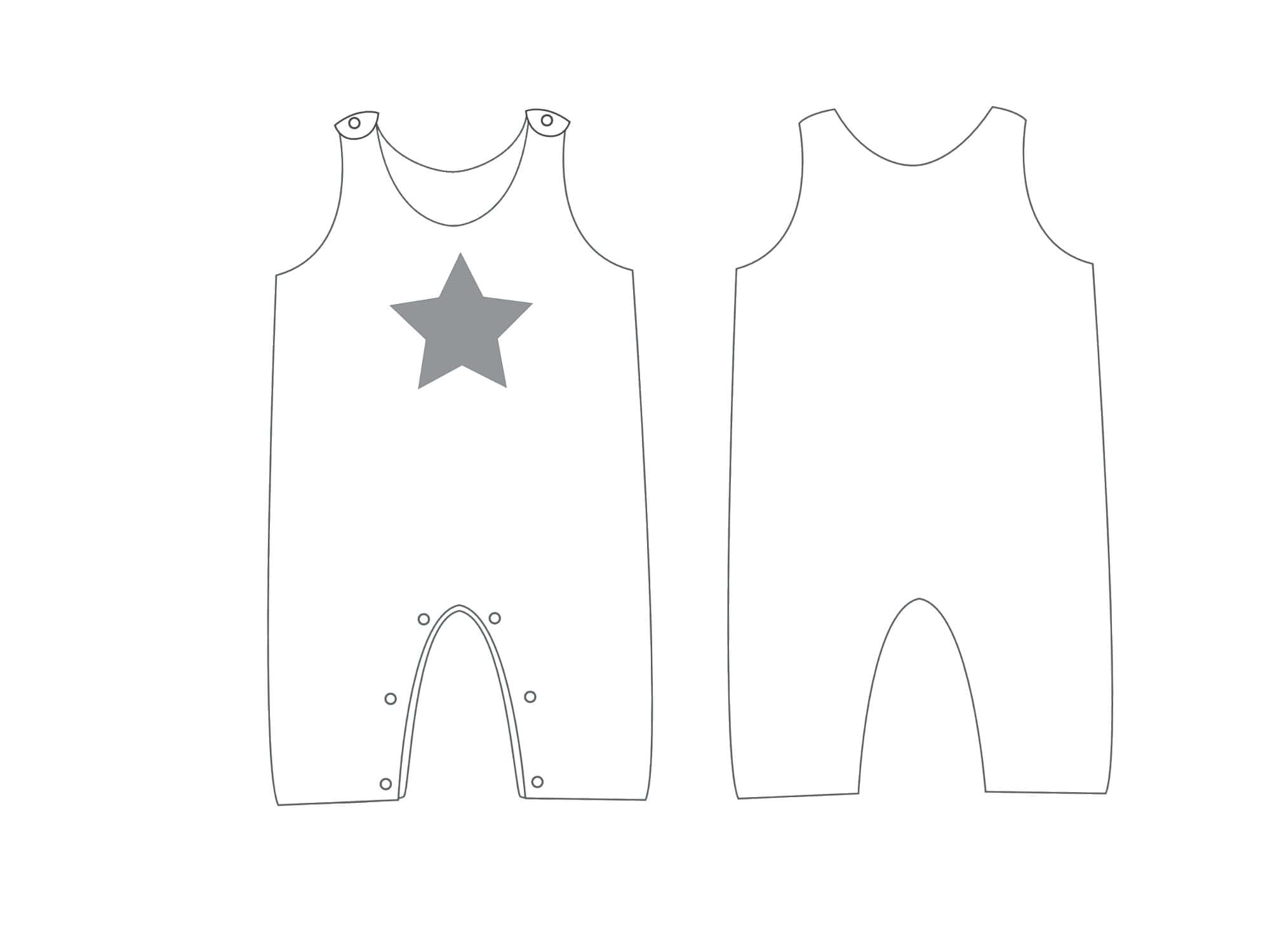 Schnittmuster Set Baby Strampler und Mütze: Babystrampler mit Stern-Design, Vorder- und Rückansicht.