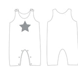 Schnittmuster Set Baby Strampler und Mütze: Babystrampler mit Stern-Design, Vorder- und Rückansicht.