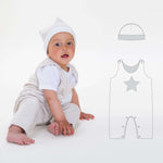 Schnittmuster Set Baby Strampler und Mütze: Baby in gestreiftem Strampler und Mütze mit Stern, digitale Anleitung für 2-in-1 Outfit.