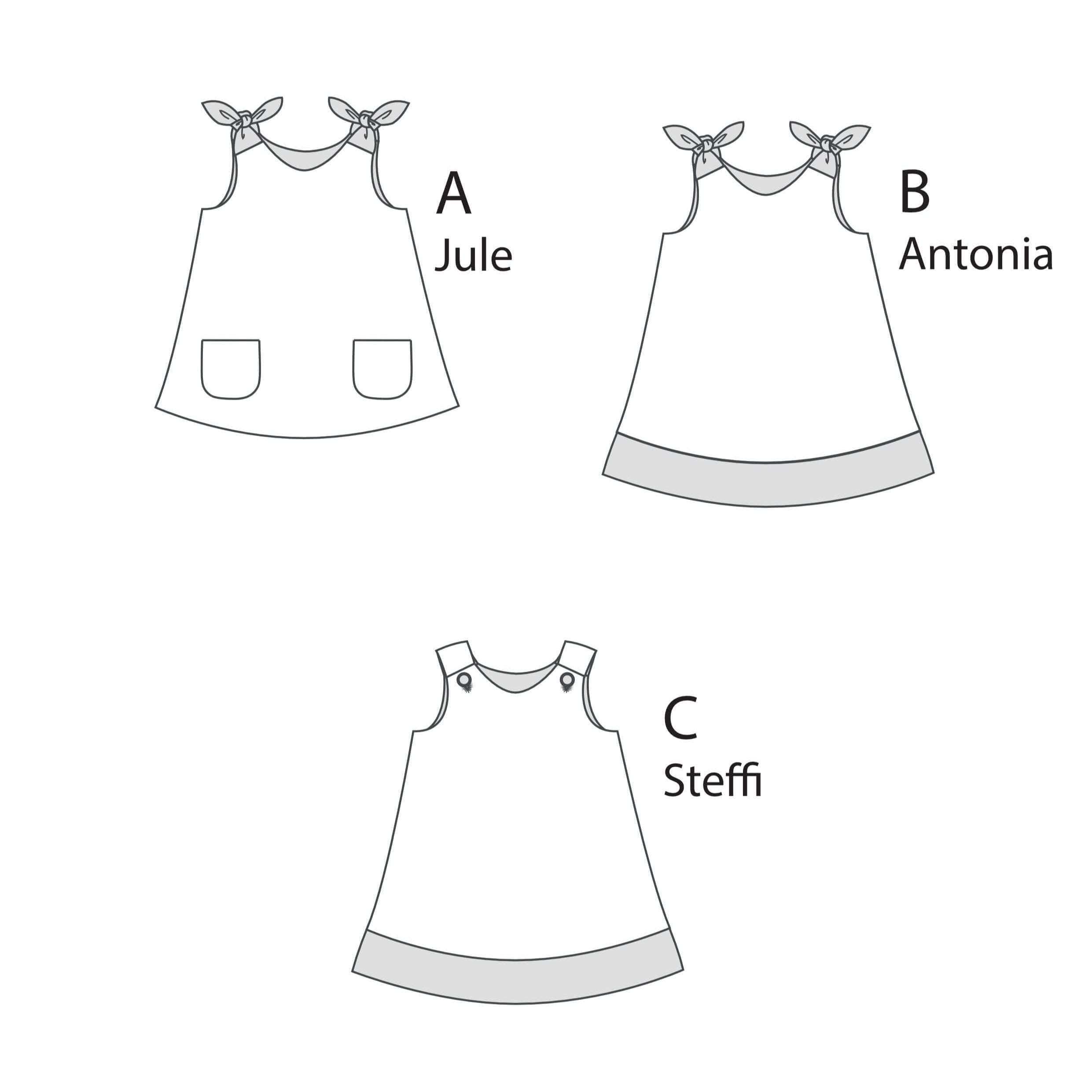Schnittmuster Schürzenkleid JULE PDF 3-in-1 mit drei Varianten: Jule, Antonia und Steffi.