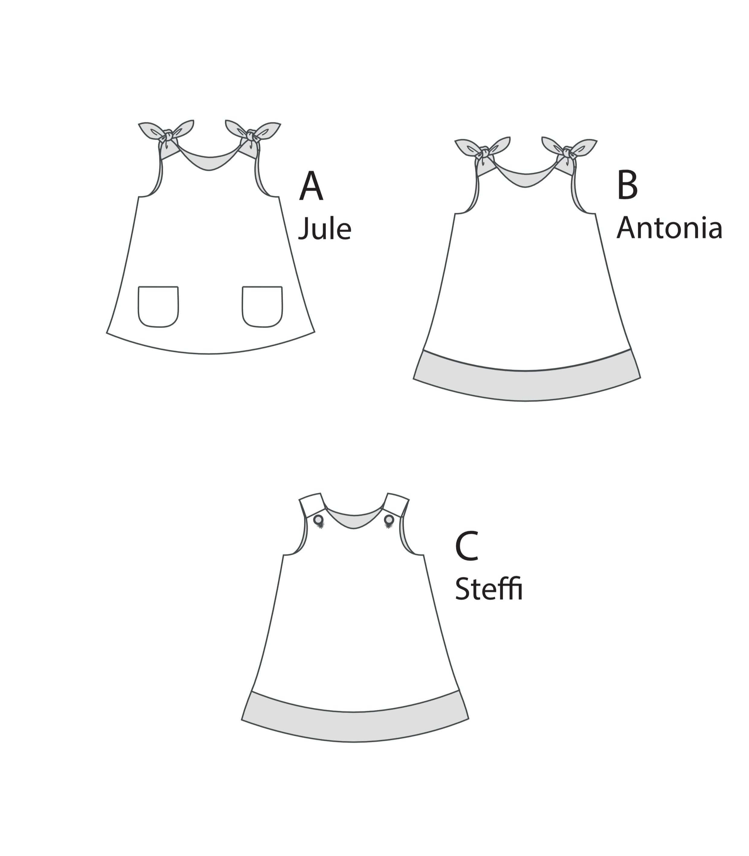 Schnittmuster Schürzenkleid JULE PDF 3-in-1 mit drei Varianten: Jule, Antonia und Steffi.