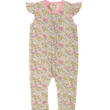 Schnittmuster Baby Overall MIA – Sommer-Jumpsuit für kleine Mädchen mit buntem Blumenmuster und Volant-Ärmeln.