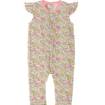 Schnittmuster Baby Overall MIA – Sommer-Jumpsuit für kleine Mädchen mit buntem Blumenmuster und Volant-Ärmeln.