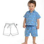 Schnittmuster Hose für Baby und Kinder NOAH - lässiger Junge in blauer Sommerkleidung mit Tiermotiven.