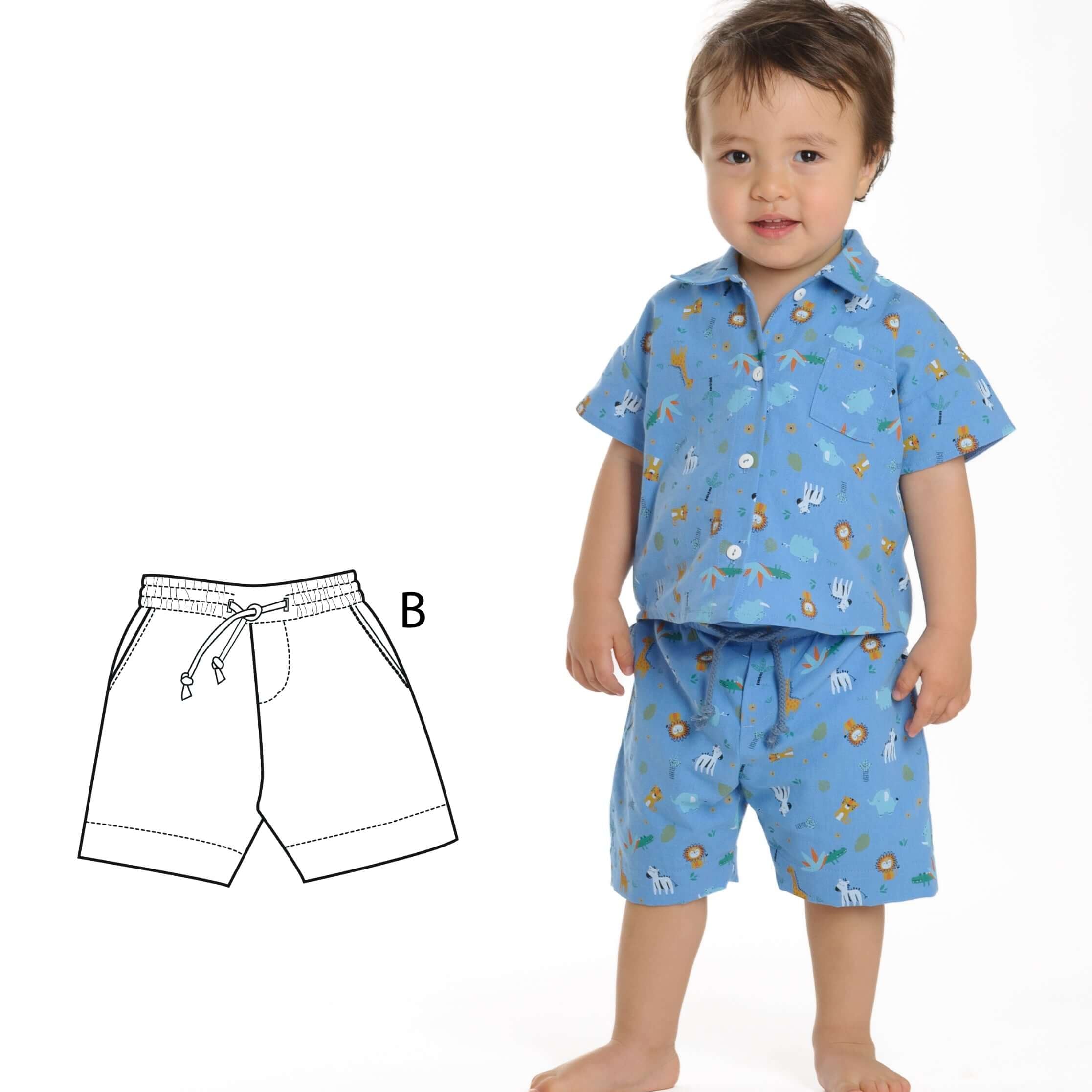 Schnittmuster Hose für Baby und Kinder NOAH - lässiger Junge in blauer Sommerkleidung mit Tiermotiven.