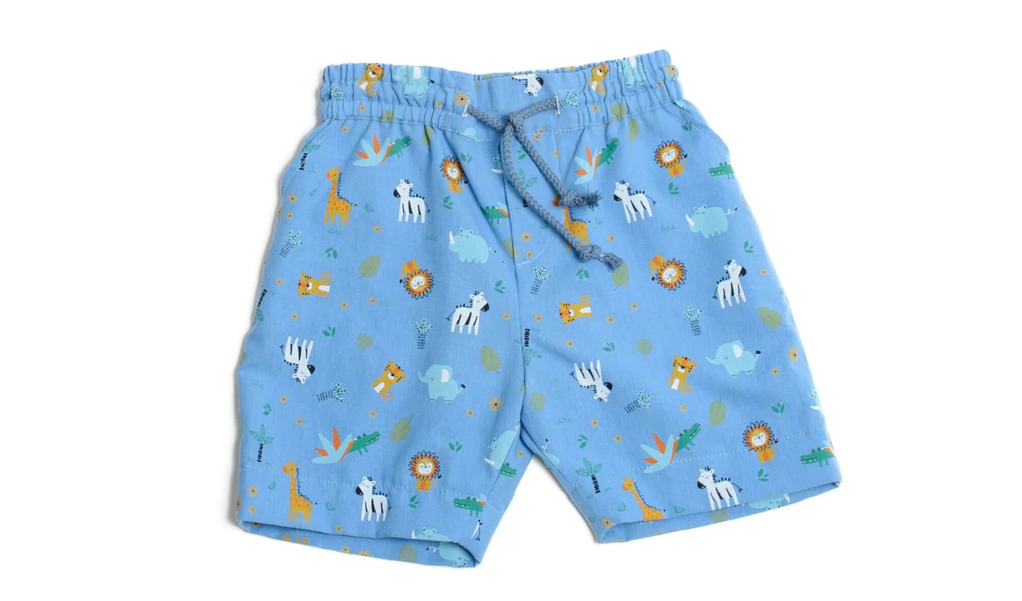 Schnittmuster Hose für Baby und Kinder NOAH in blau mit Tiermotiven, geeignet für Jungen von Größen 68-122.
