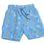 Schnittmuster Hose für Baby und Kinder NOAH in blau mit Tiermotiven, geeignet für Jungen von Größen 68-122.