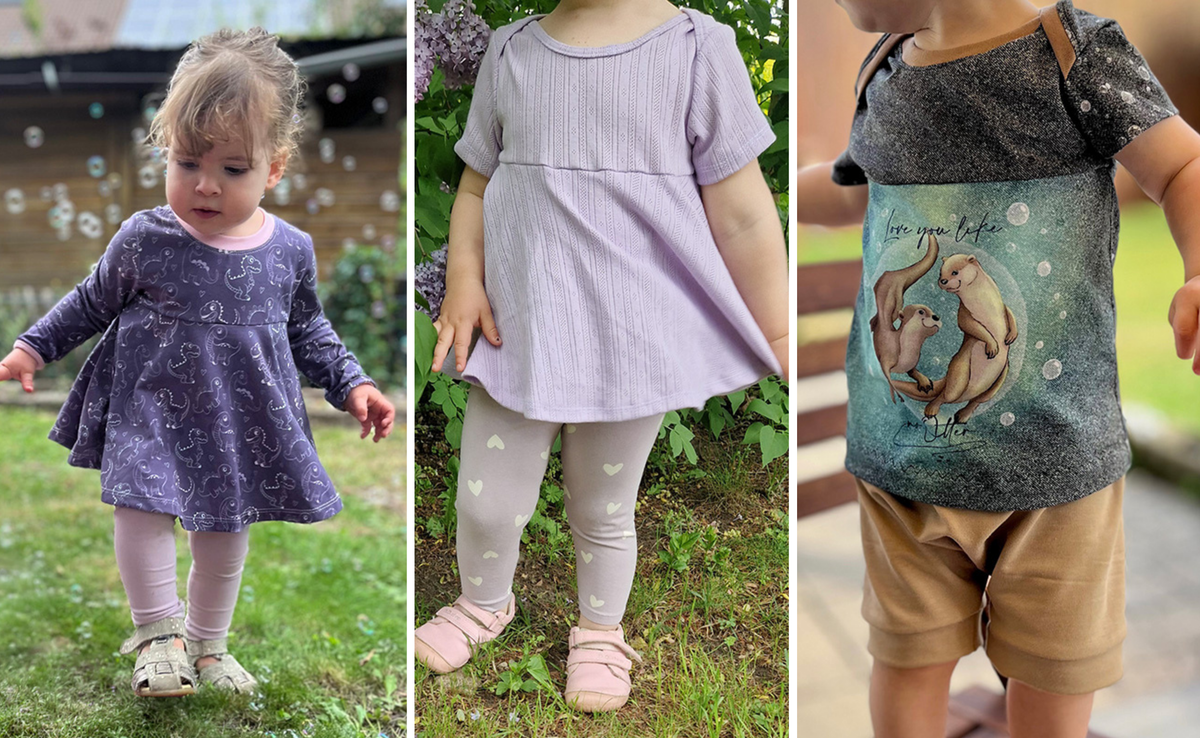 Selbst genähte Kindermode für Frühling und Sommer – moderne Shirt-Schnittmuster mit Tierprint, Jumper aus Musselin und Sommerkleid. Bequeme DIY-Mode für Babys und Kinder mit vielseitigen Nähideen von Sewando-Designerinnen.