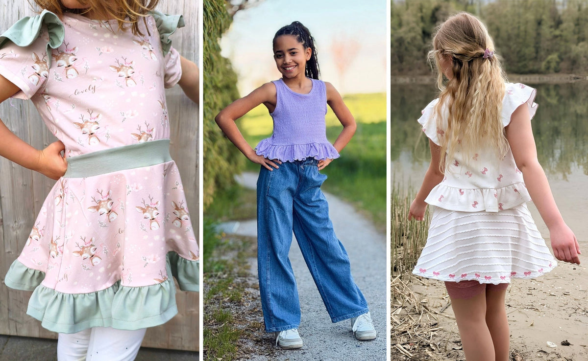 Kinder-Schnittmuster für Frühling und Sommer – selbst genähte Mädchenkleidung mit Rüschenkleid, weitem Jeanslook und festlichem Outfit. Moderne DIY-Nähideen für Kinderkleider und bequeme Alltagsmode von Sewando-Designerinnen.