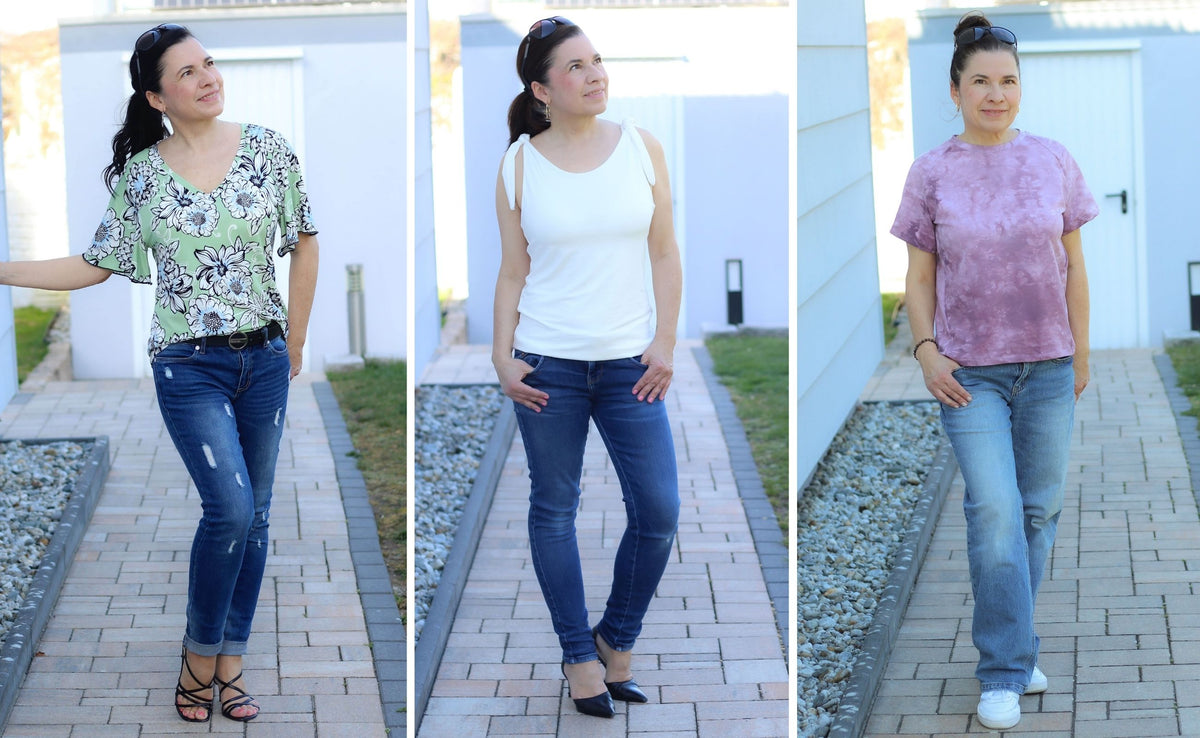 Selbst genähte Damenmode für Frühling und Sommer – moderne Shirt-Schnittmuster mit Blumenprint, Trägertop und lässigem Batiklook. Bequeme DIY-Mode für Frauen mit vielseitigen Nähideen von Sewando-Designerinnen.
